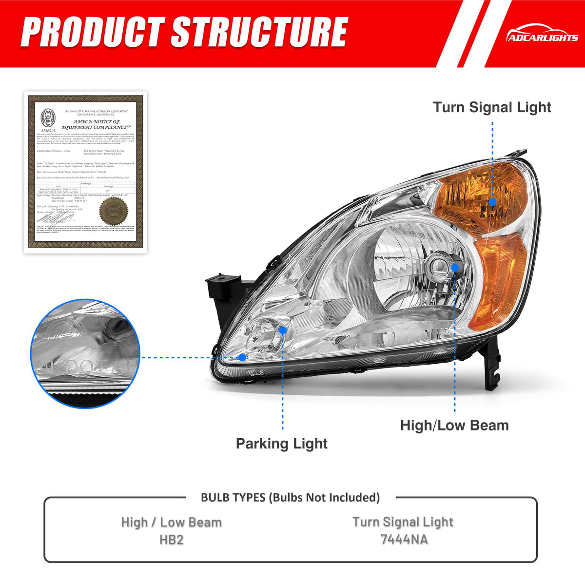 Headlamp Assembly with Chrome Housing Amber Reflector Driver and Passenger Sides F9896