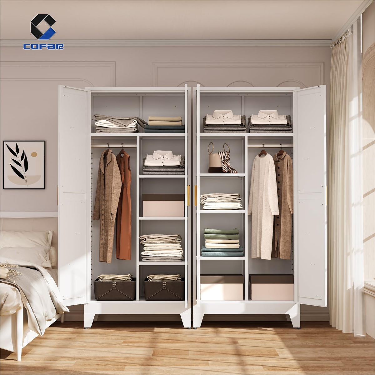 Metal Wardrobe Closet with Doors, 71'' Tall Steel Armoire with Shelves C76329