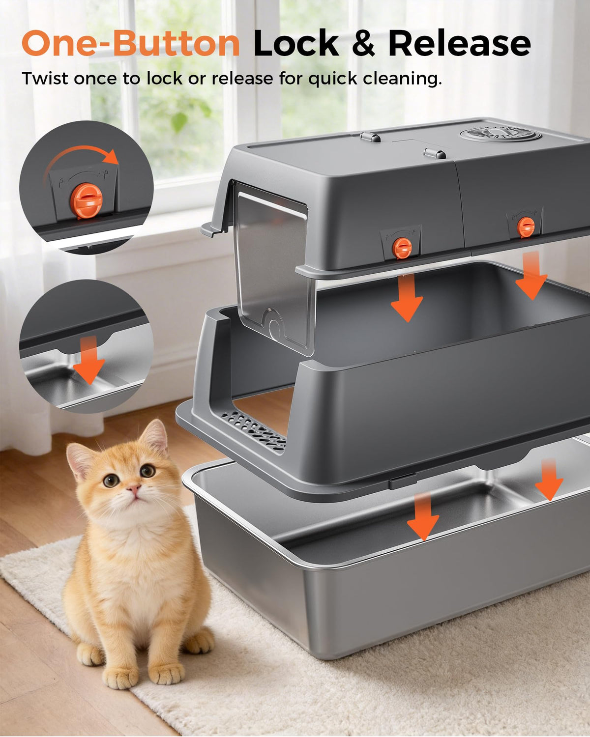 XXL Stainless Steel Enclosed Cat Litter Box with Lid, Mat & Scoop H81936