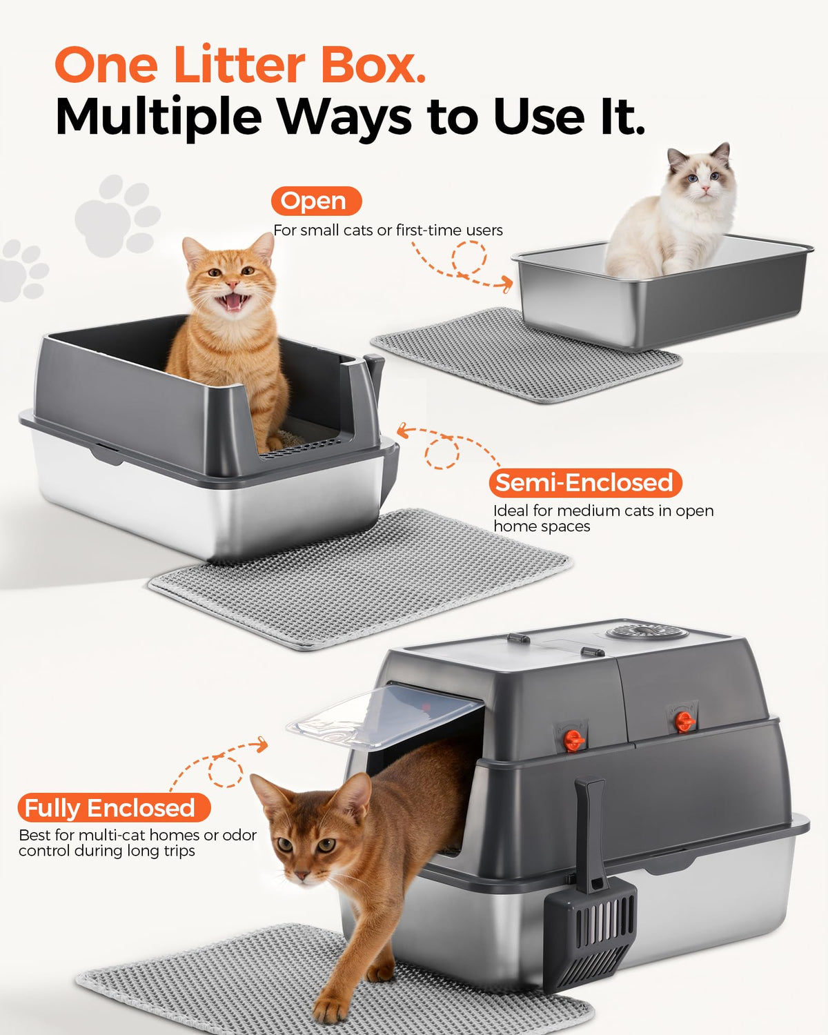 XXL Stainless Steel Enclosed Cat Litter Box with Lid, Mat & Scoop H81936