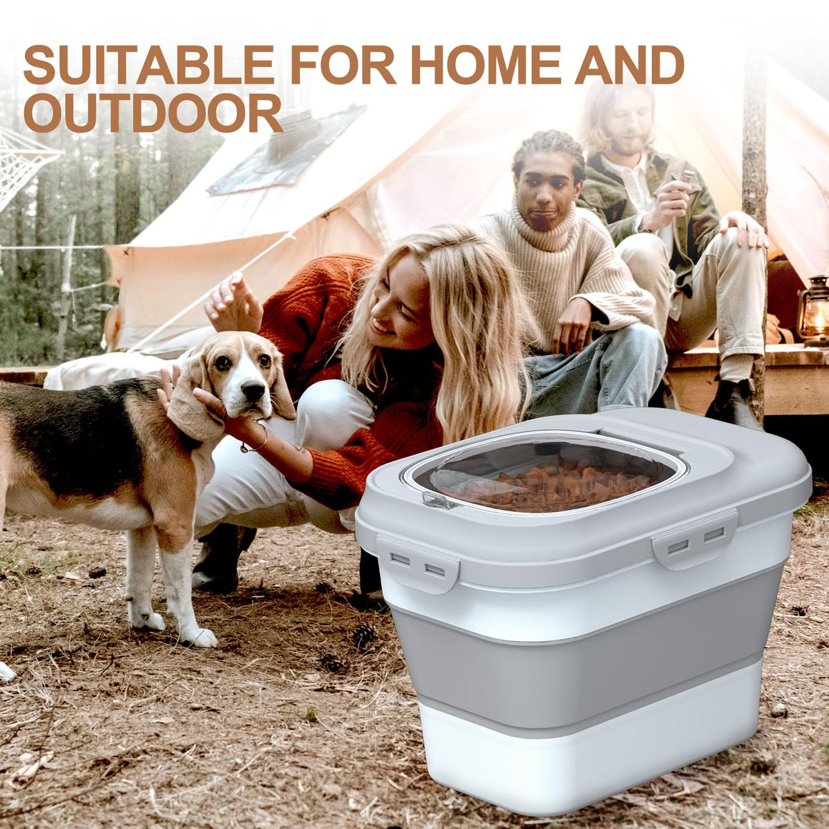Collapsible Dog Cat Food Storage Container with Scoop Grey Q3496