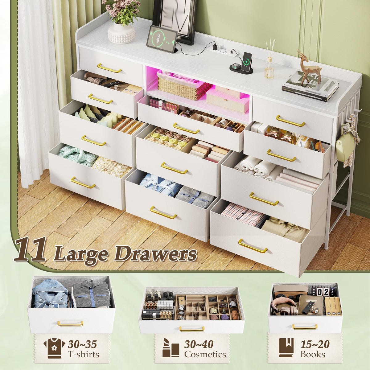 LED Dresser with Charging Station, 11 Drawers & 4 Hooks F584