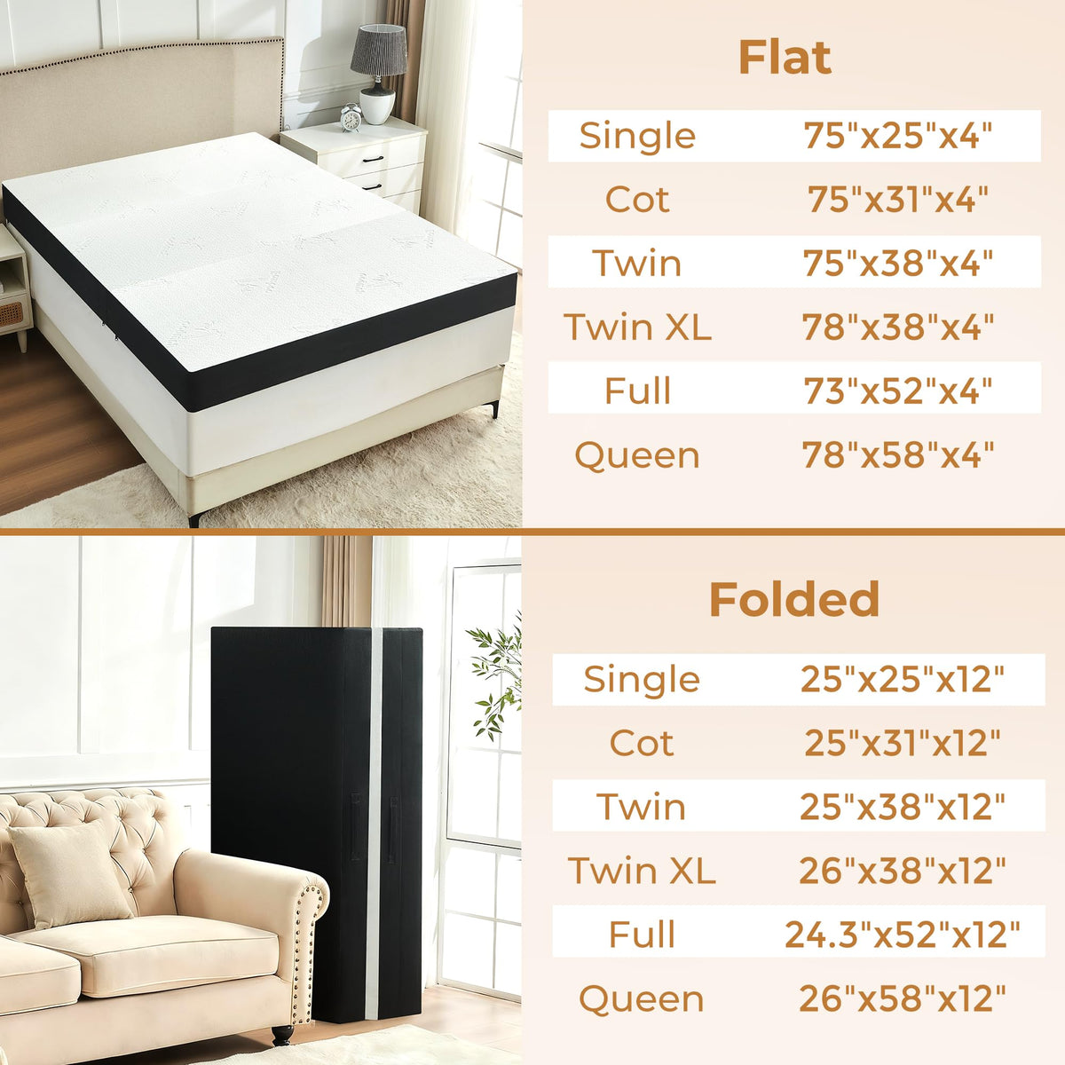 4 Inch Full Size Foldable Memory Foam Trifold Mattress W374