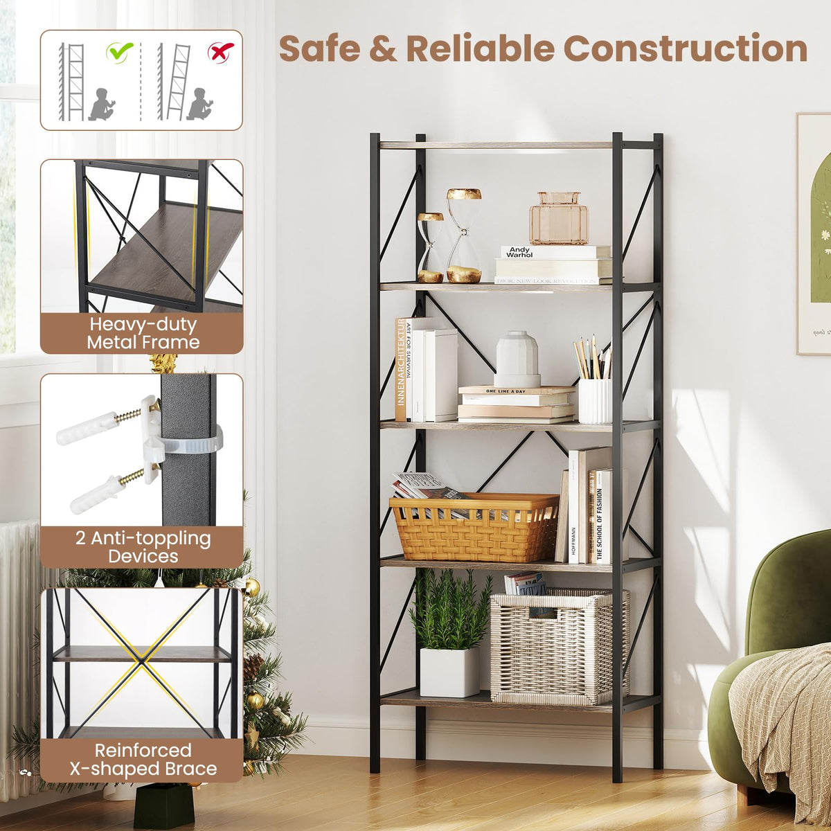 5-Tier Industrial Bookshelf with Open Storage Shelves Y277