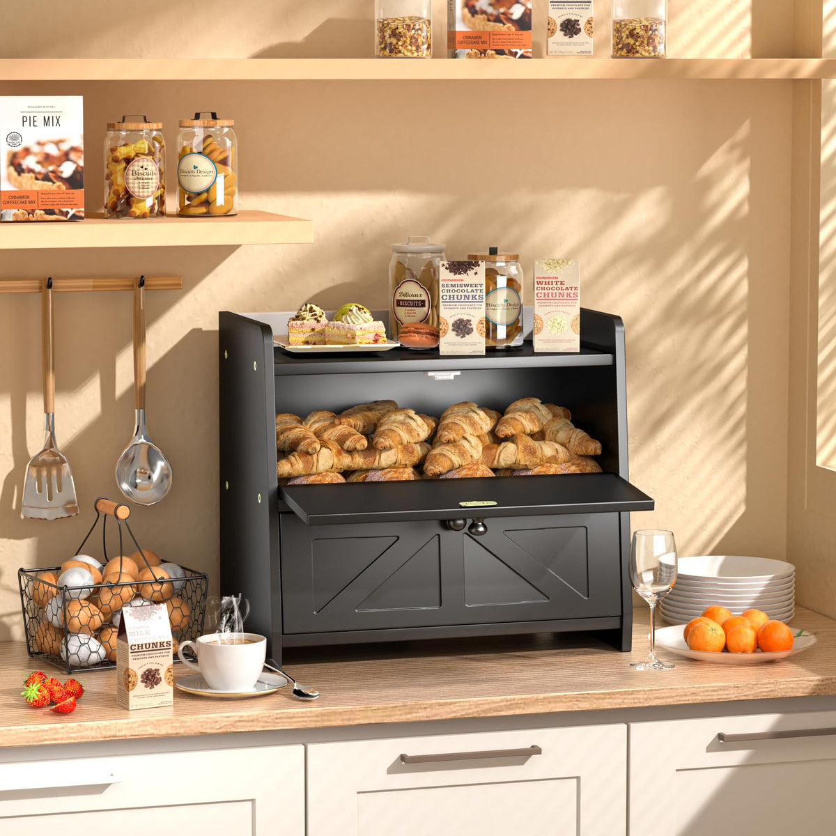 Black Double Layer Wooden Bread Box M5529