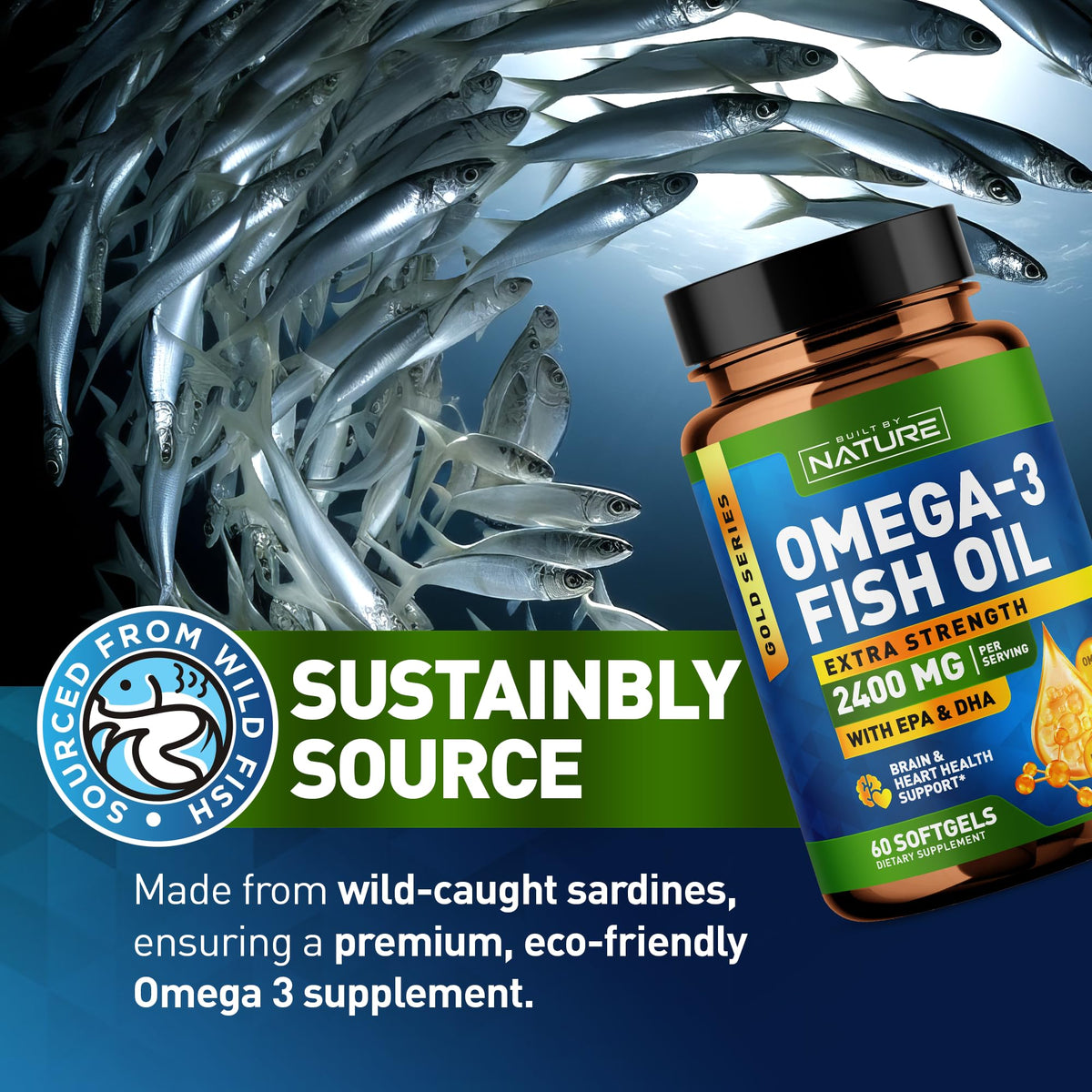 Omega 3 Fish Oil Soft Gels 2400 mg 60 Softgels T5791