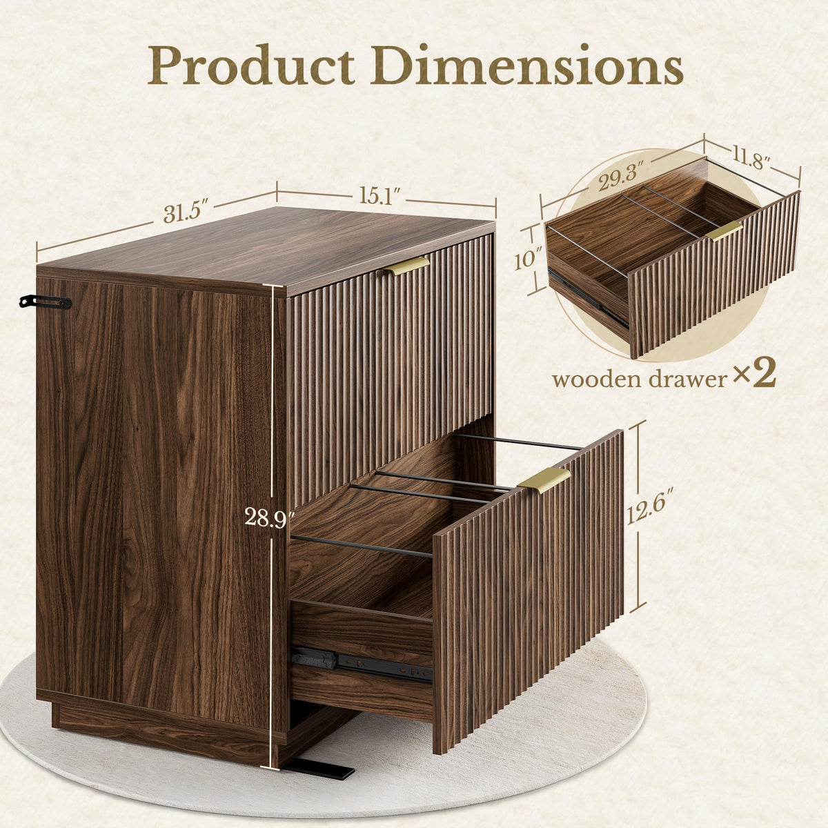 Black Walnut 2 Drawer Fluted Lateral File Cabinet A3405
