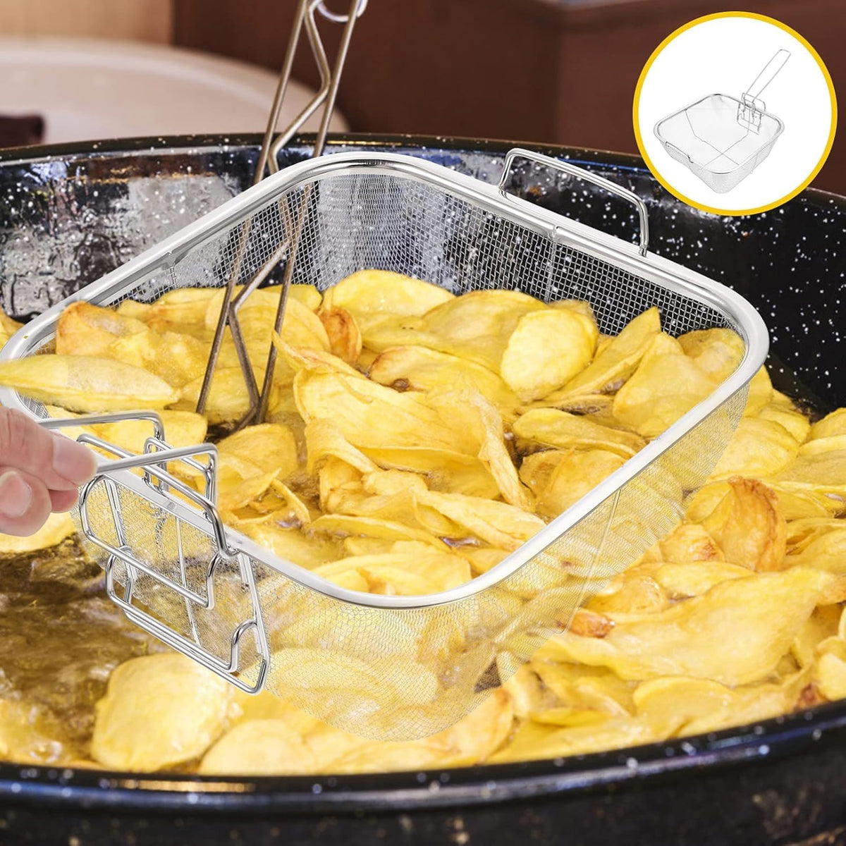 8 Inch Square Stainless Steel Wire Fry Basket with Folding Handle R658424