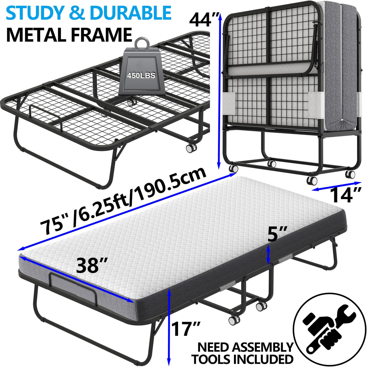 Folding Bed with 5" Memory Foam Mattress Twin Size Metal Frame I998