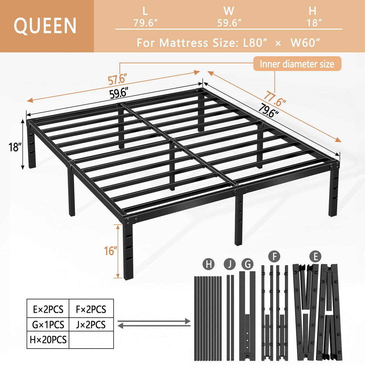 Queen Size 18 Inch Metal Bed Frame D1134