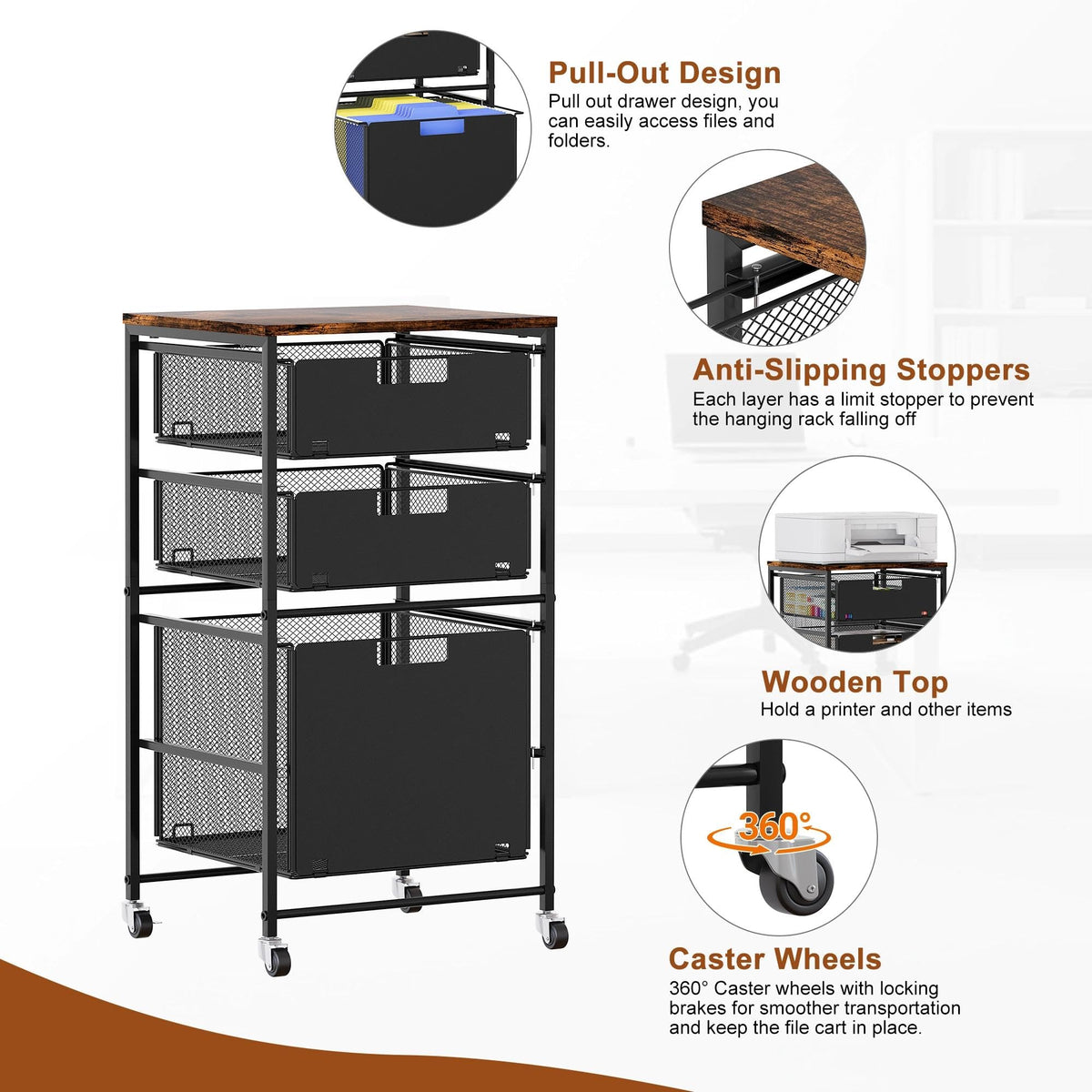Black 3 Drawer Rolling File Cabinet with Printer Stand V1640