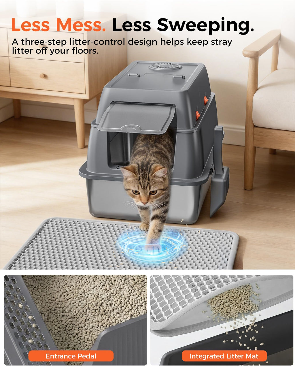 XXL Stainless Steel Enclosed Cat Litter Box with Lid, Mat & Scoop H81936