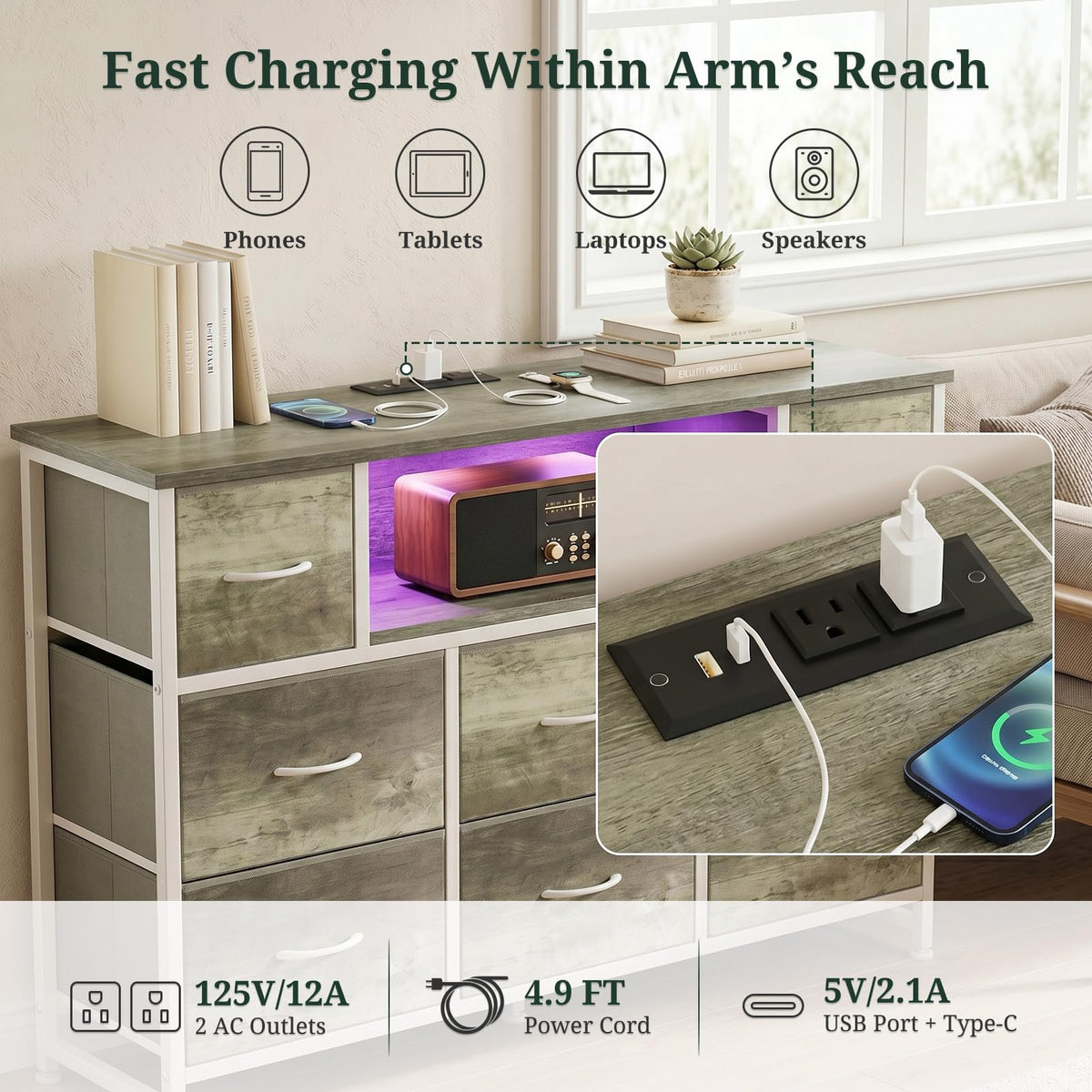 8 Drawer TV Stand with Charging Station B480