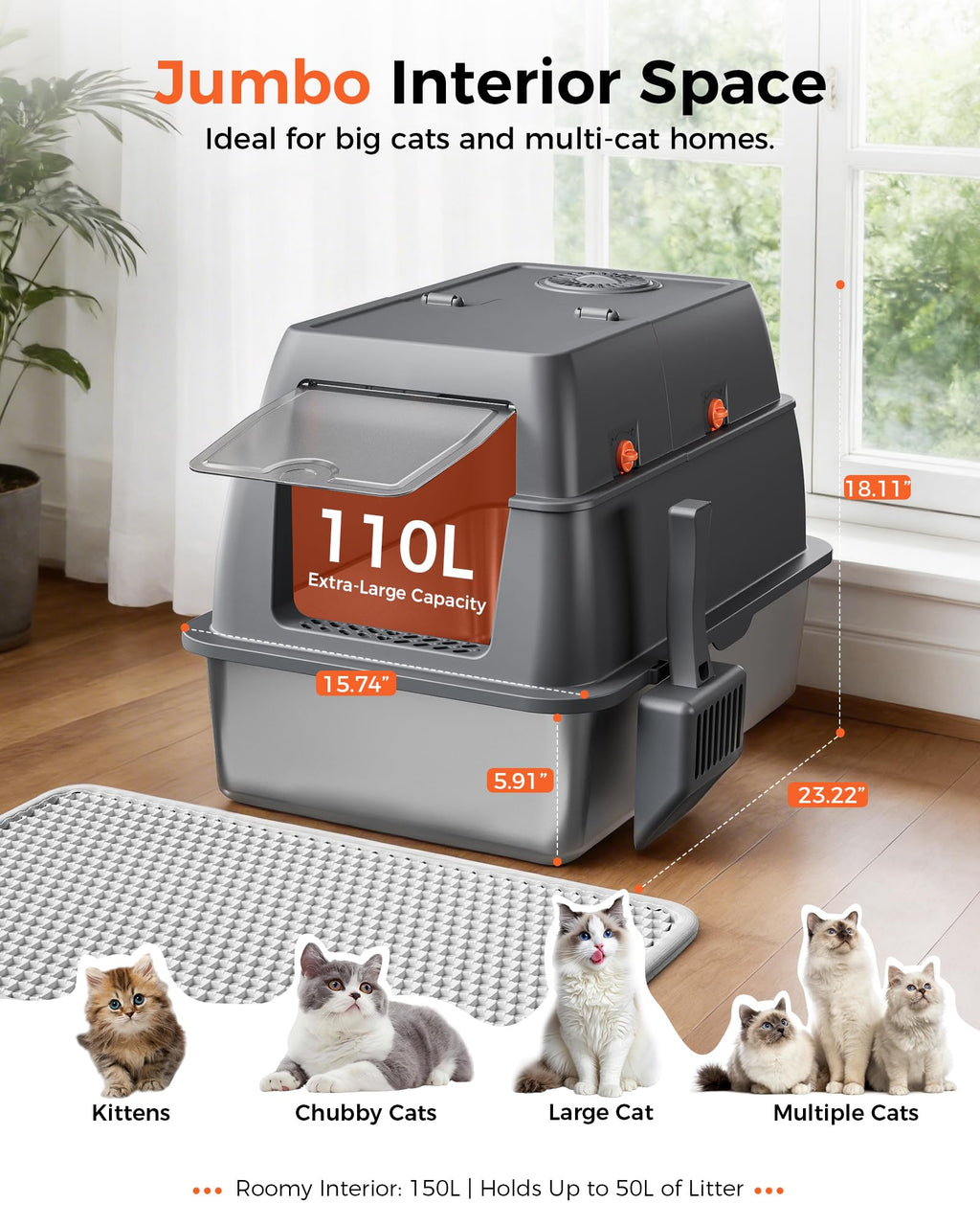 XXL Stainless Steel Enclosed Cat Litter Box with Lid, Mat & Scoop H81936