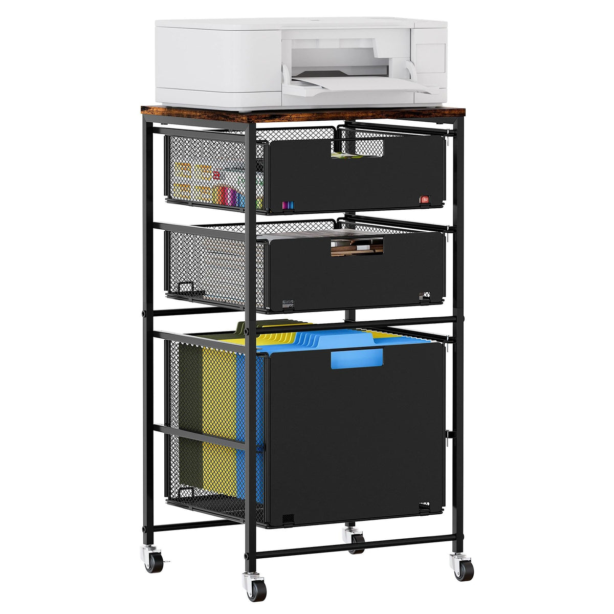Black 3 Drawer Rolling File Cabinet with Printer Stand V1640