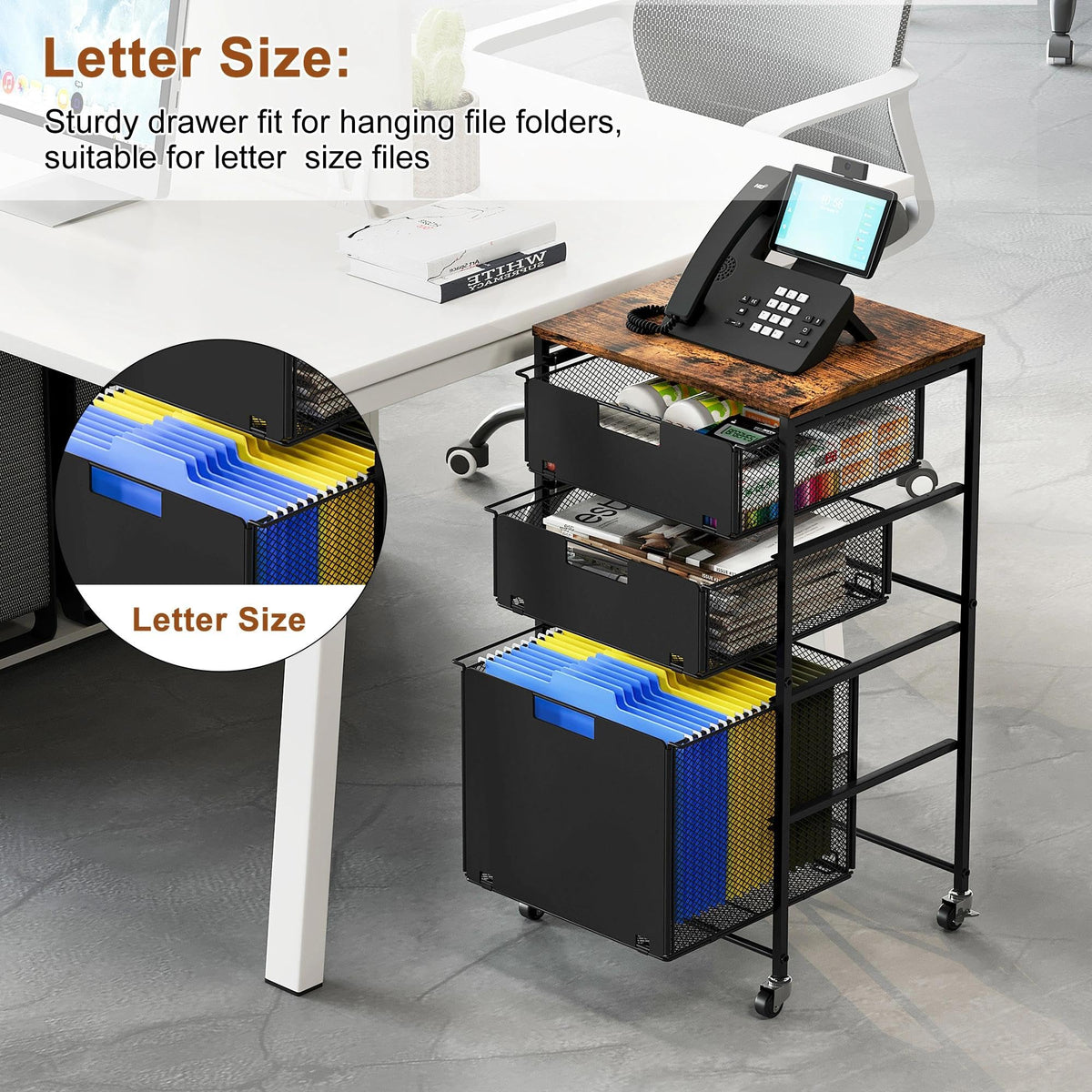 Black 3 Drawer Rolling File Cabinet with Printer Stand V1640