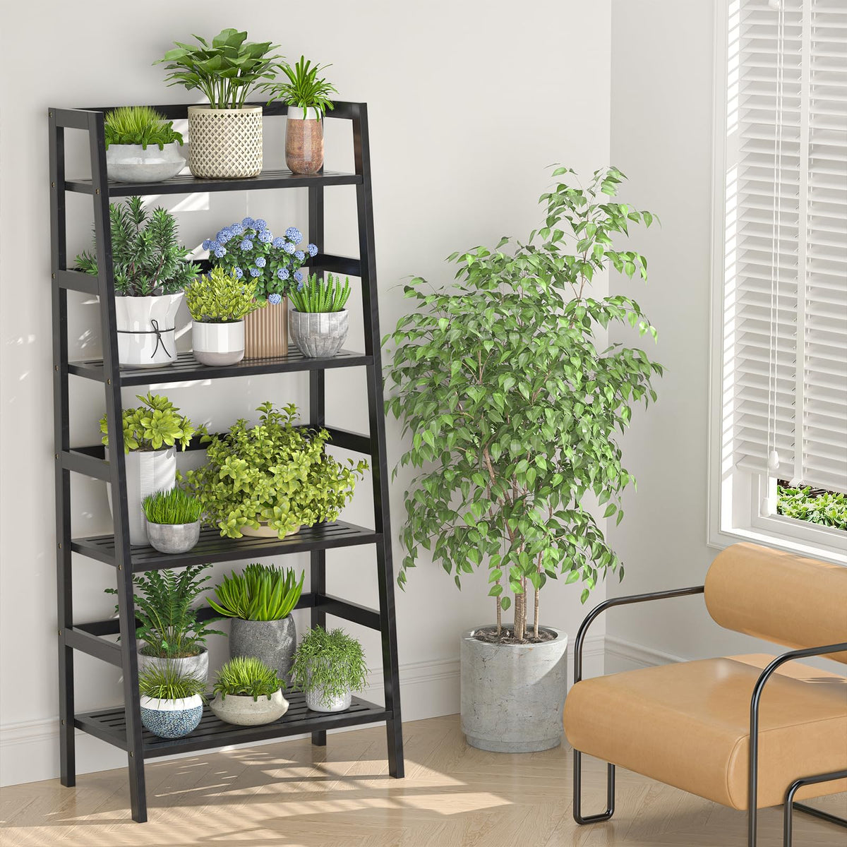 Black 4-Tier Bamboo Ladder Shelf T6168