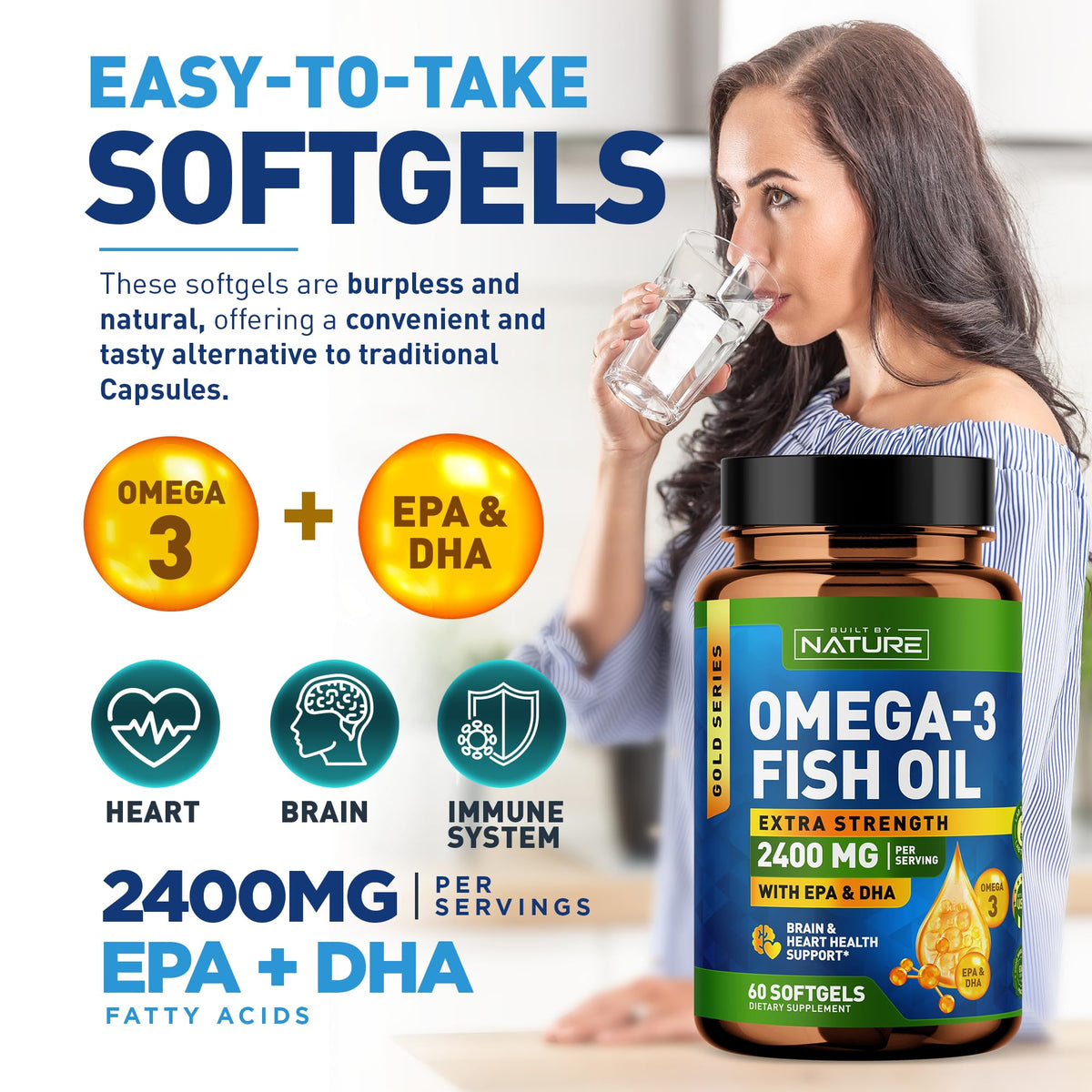 Omega 3 Fish Oil Soft Gels 2400 mg 60 Softgels T5791