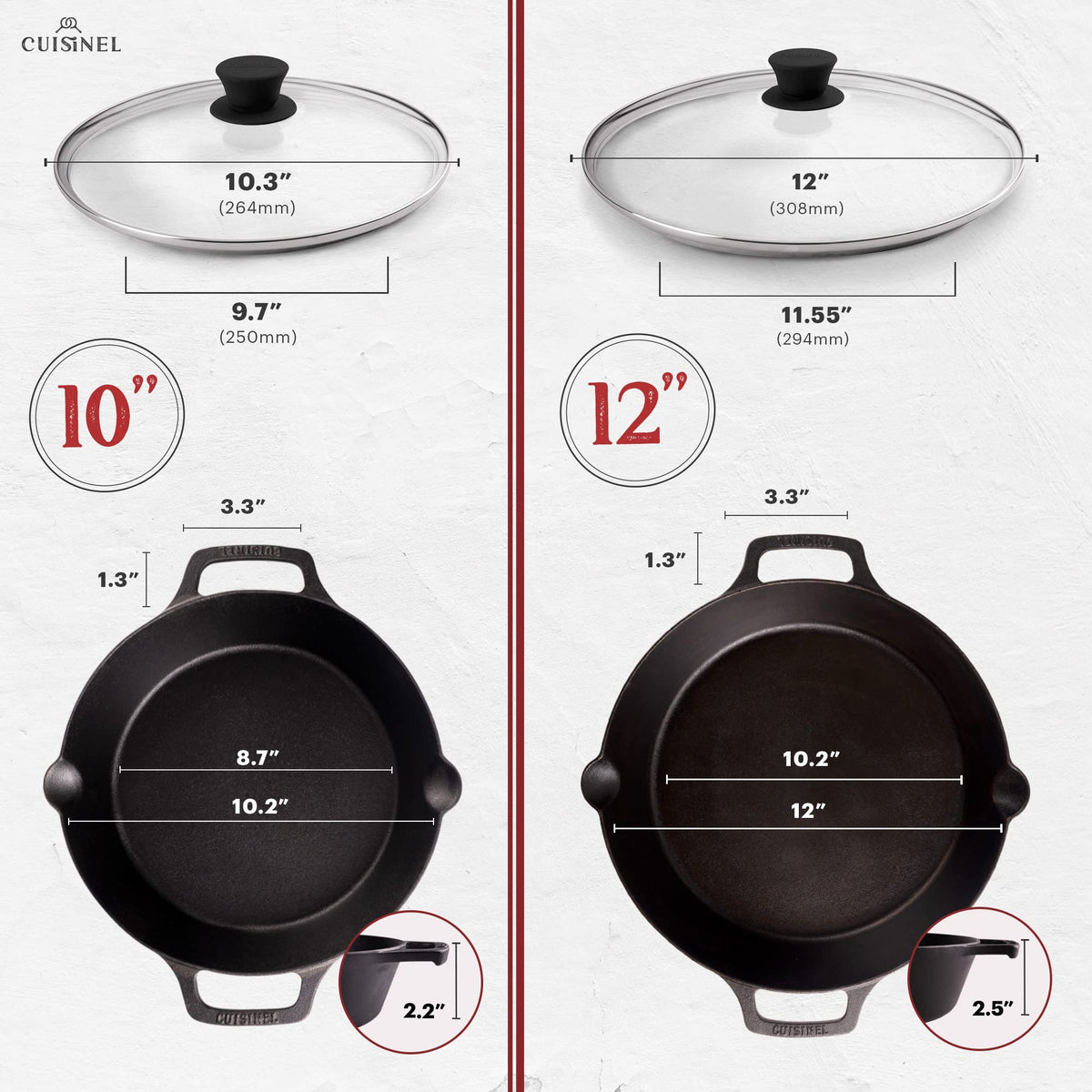 Cast Iron Skillet Set 10" + 12" Dual Handle Frying Pans with Glass Lids Pre-seasoned Oven Safe Cookware Y343161