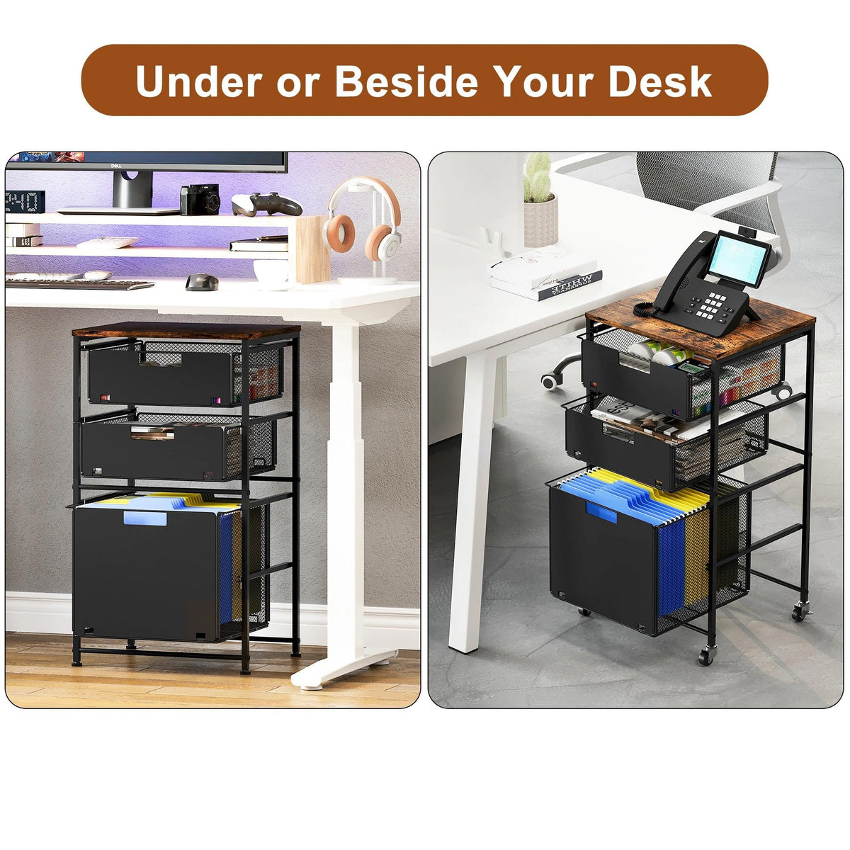 Black 3 Drawer Rolling File Cabinet with Printer Stand V1640