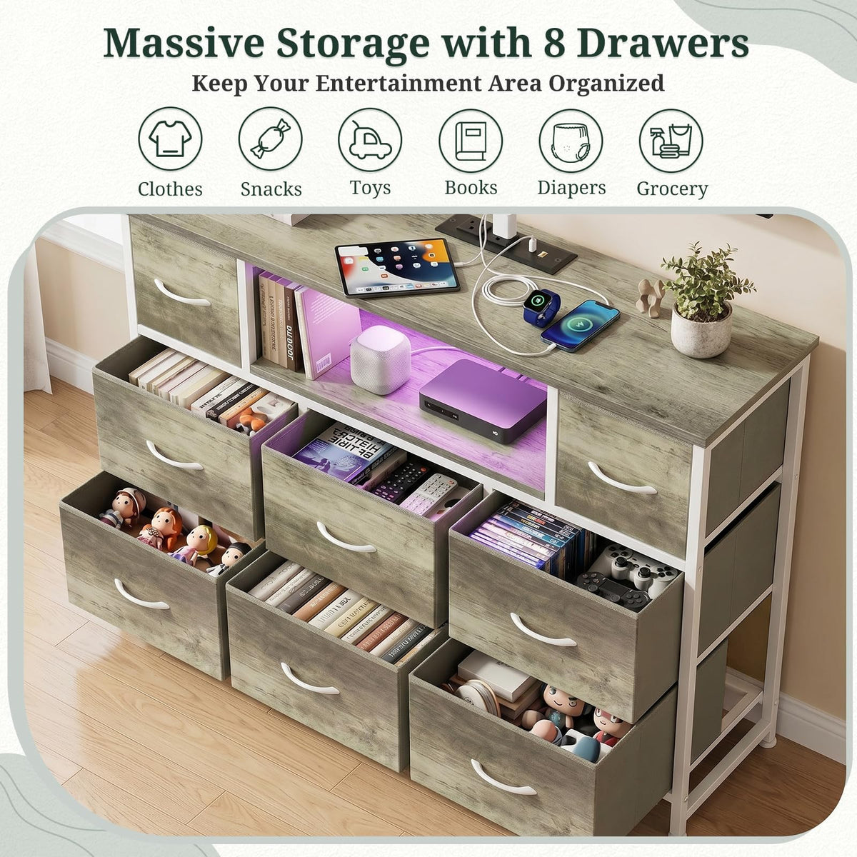 8 Drawer TV Stand with Charging Station B480