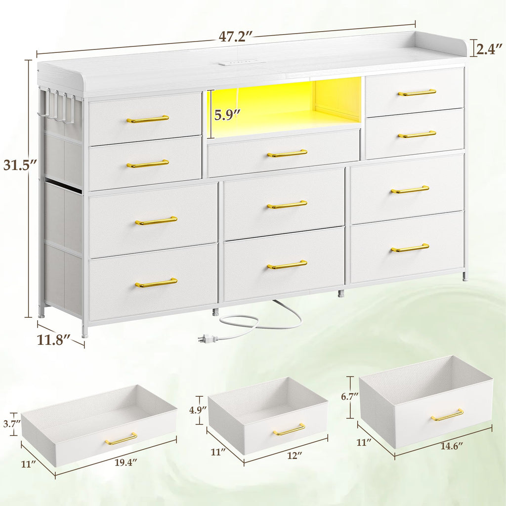 LED Dresser with Charging Station, 11 Drawers & 4 Hooks F584