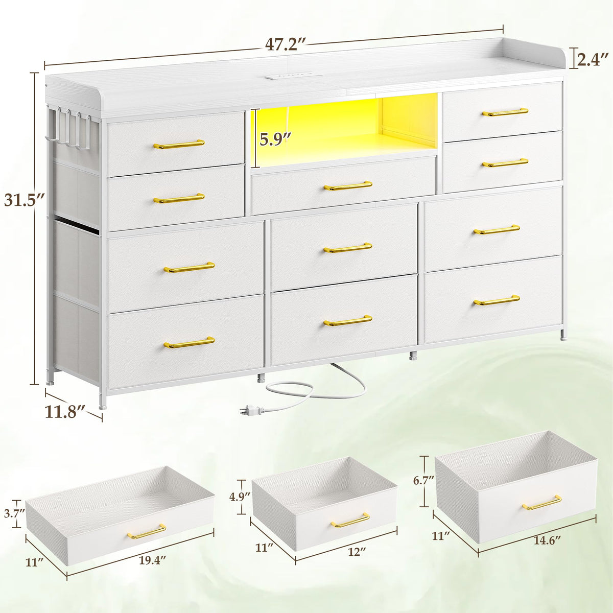 LED Dresser with Charging Station, 11 Drawers & 4 Hooks F584