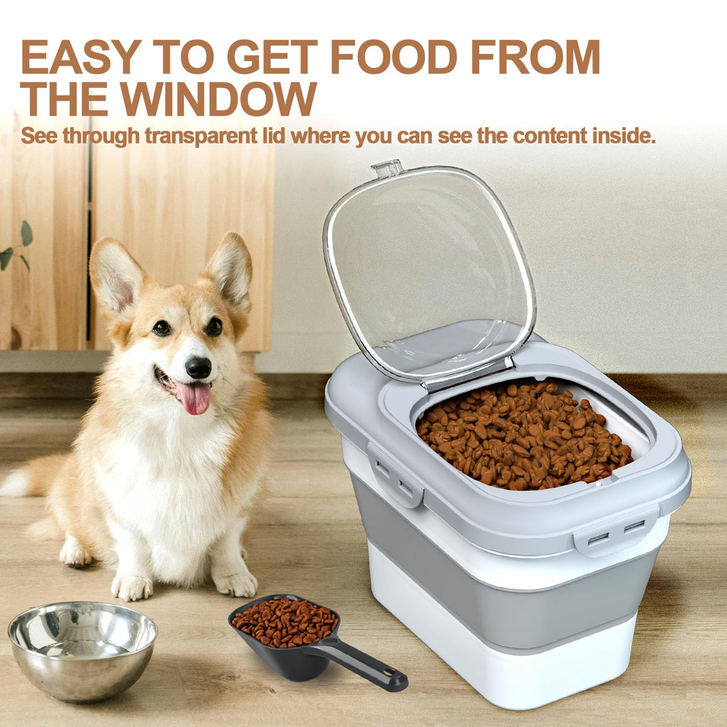 Collapsible Dog Cat Food Storage Container with Scoop Grey Q3496