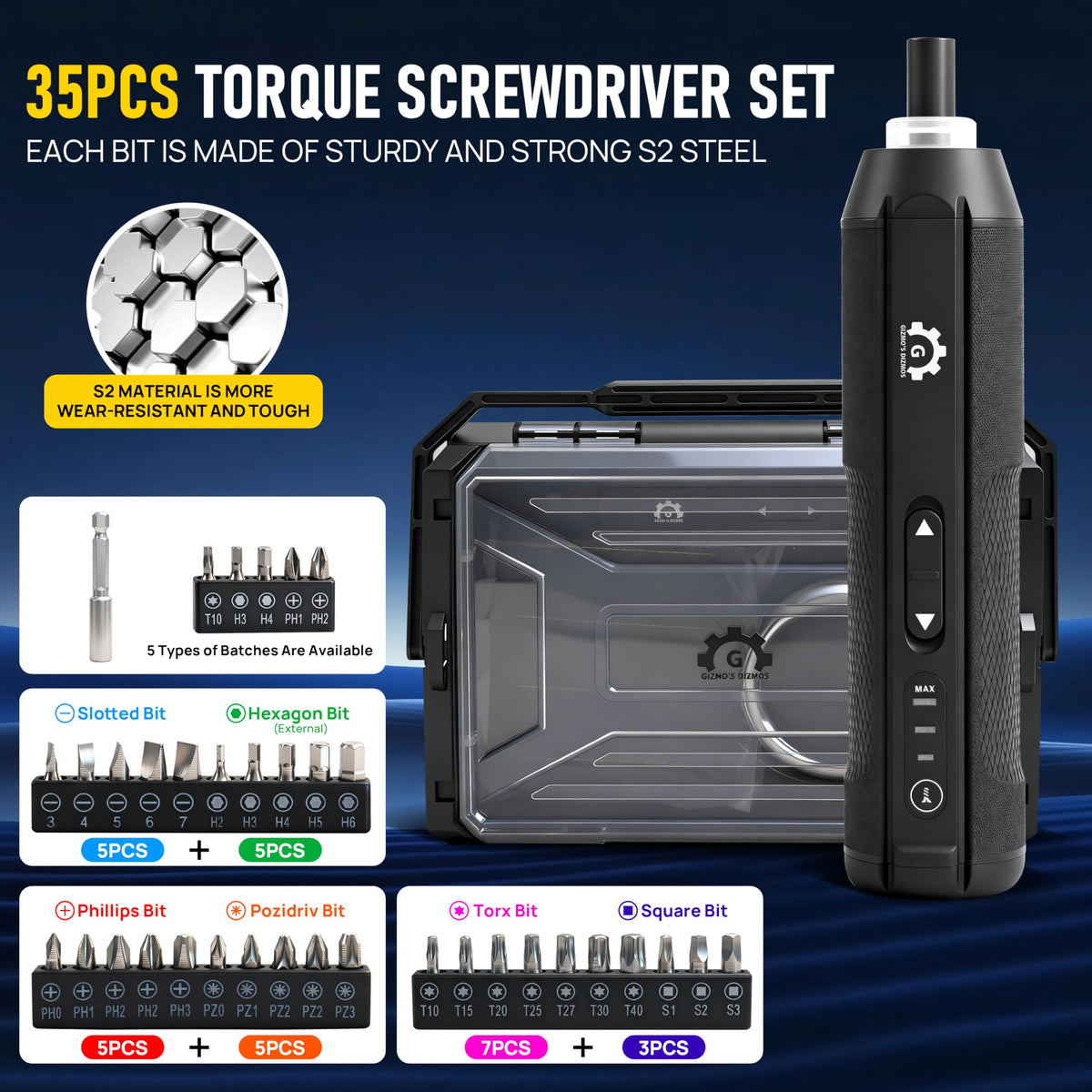 4V Electric Torque Screwdriver Set with 35 Magnetic Bits and Storage Box T15625