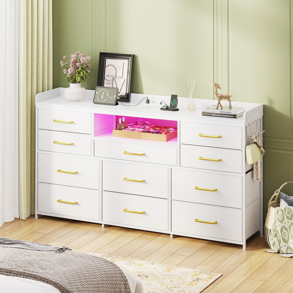 LED Dresser with Charging Station, 11 Drawers & 4 Hooks F584