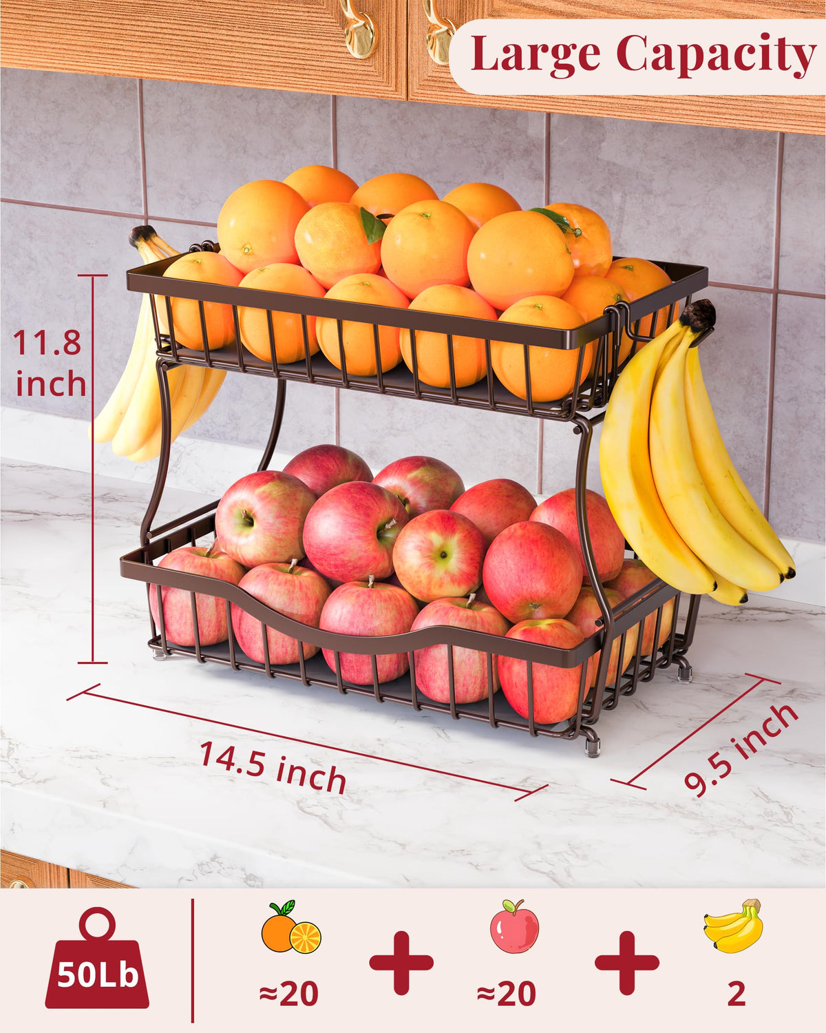 2 Tier Fruit Basket with 2 Banana Hangers Z7020