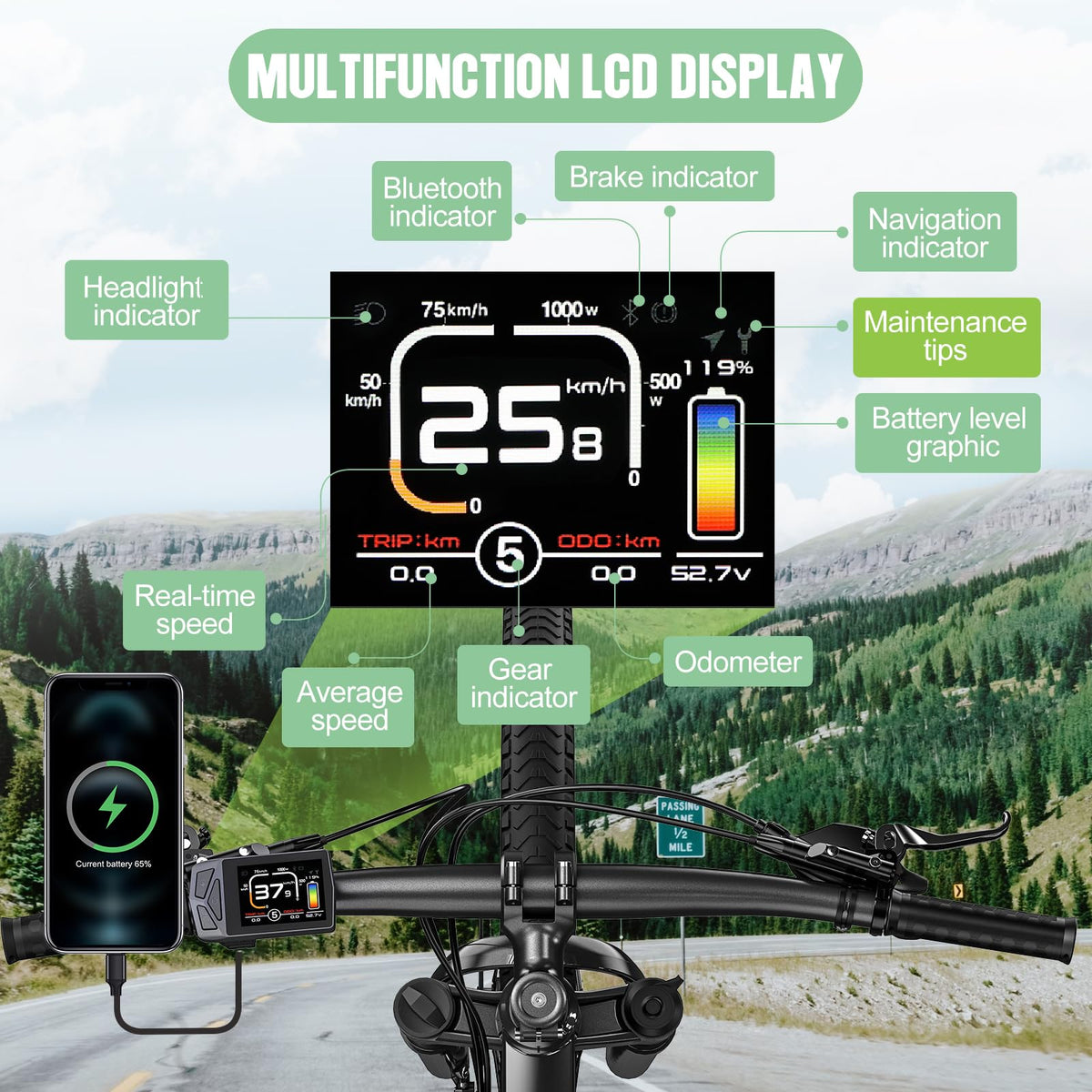 48V 1000W Ebike Conversion Kit with TFT Display and Battery O303