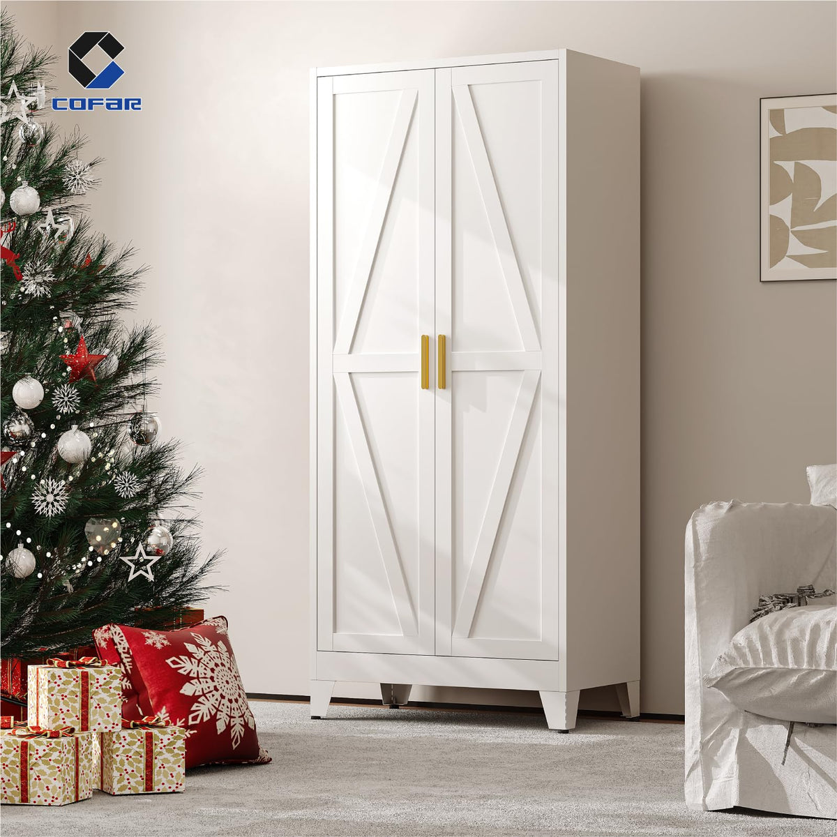 Metal Wardrobe Closet with Doors, 71'' Tall Steel Armoire with Shelves C76329