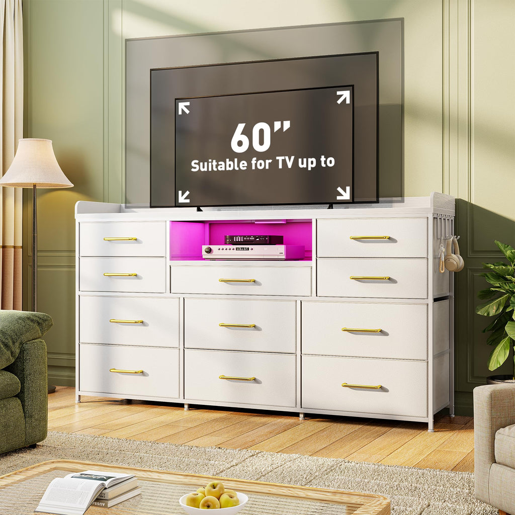 LED Dresser with Charging Station, 11 Drawers & 4 Hooks F584