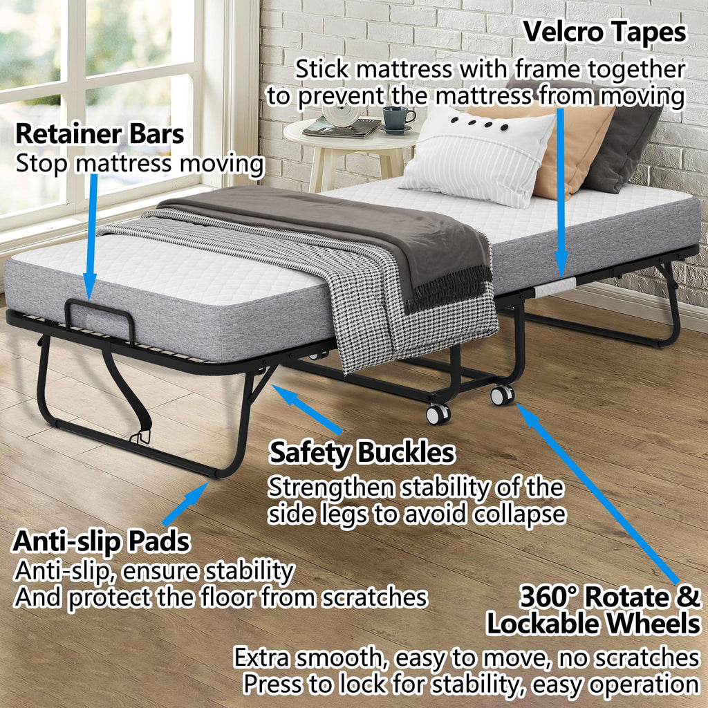 Folding Bed with 5" Memory Foam Mattress Twin Size Metal Frame I998