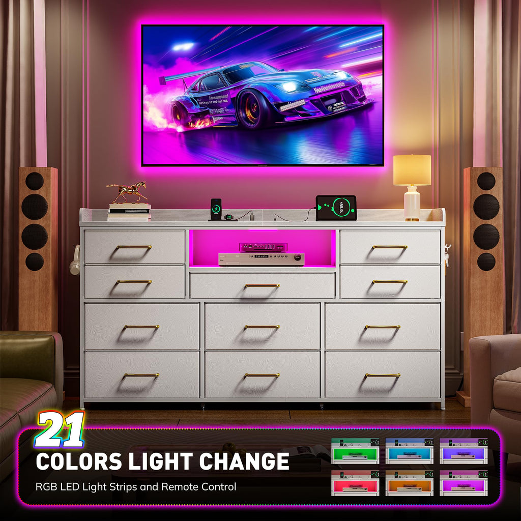 LED Dresser with Charging Station, 11 Drawers & 4 Hooks F584
