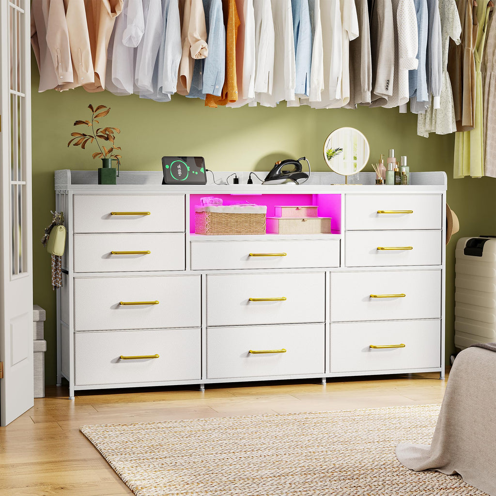 LED Dresser with Charging Station, 11 Drawers & 4 Hooks F584