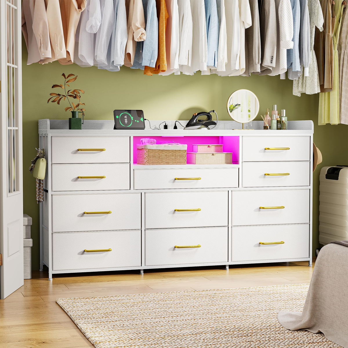 LED Dresser with Charging Station, 11 Drawers & 4 Hooks F584